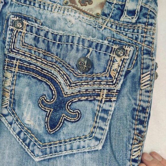 Mens Rock Revival JAMES Straight Jeans Leather Inserts Flap Pockets 30x28 - Picture 16 of 16